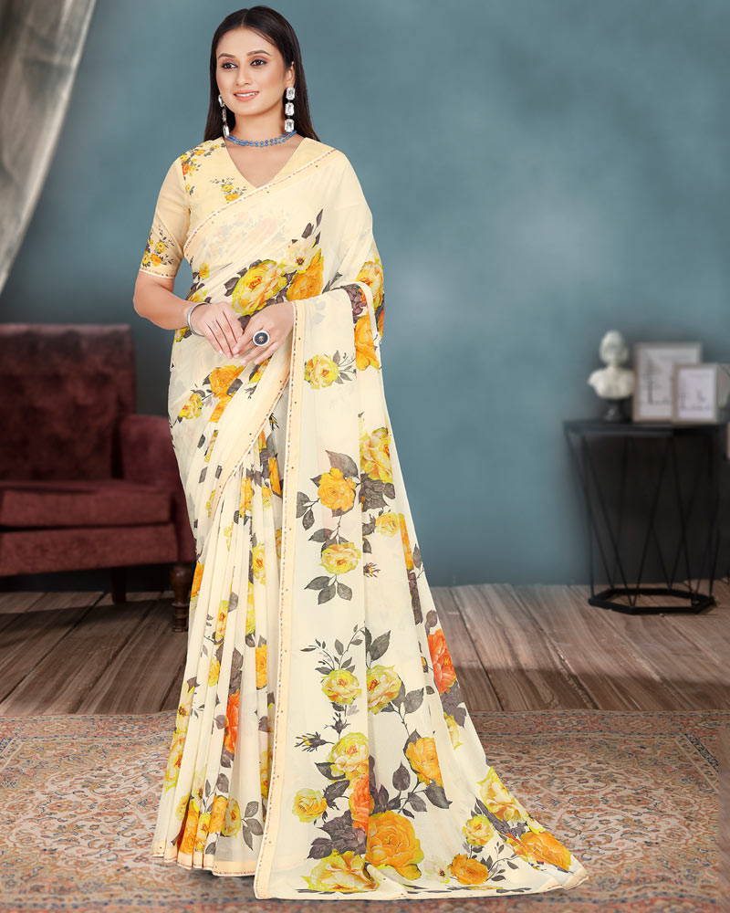 White Yellow Floral outlets Printed Georgette Festival Wear Saree