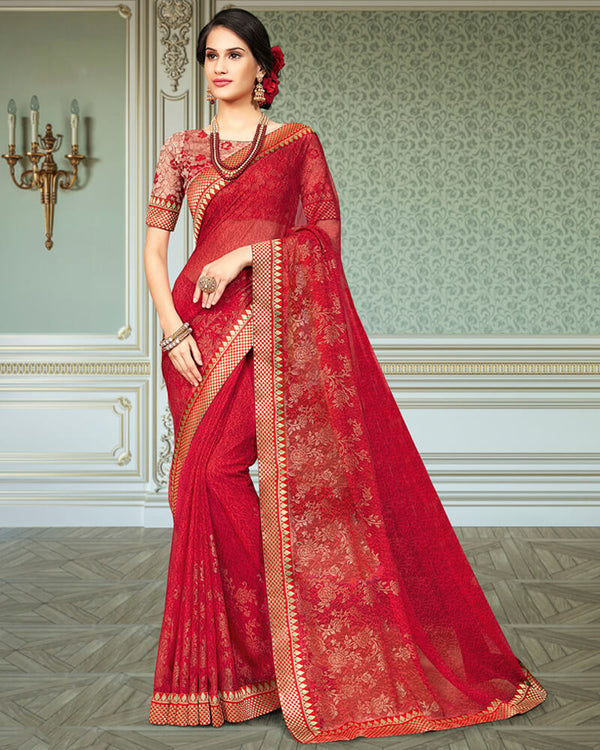 Vishal Prints Red Georgette Saree With Foil Print And Jari Border