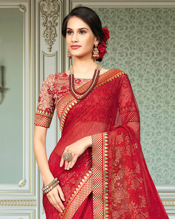 Vishal Prints Red Georgette Saree With Foil Print And Jari Border