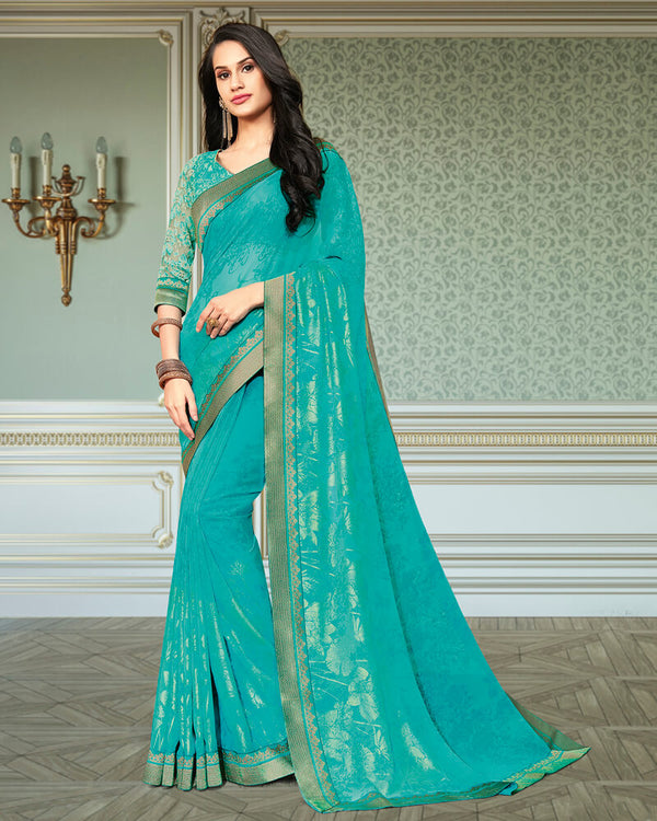 Vishal Prints Persian Green Georgette Saree With Foil Print And Jari Border