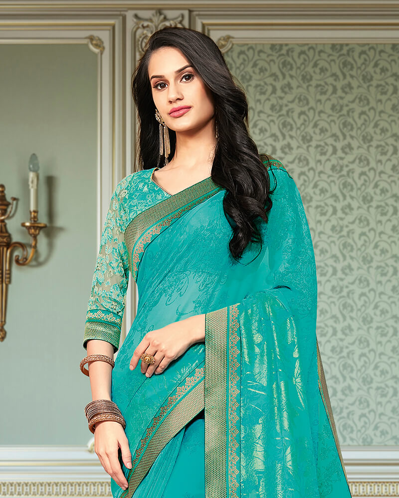 Vishal Prints Persian Green Georgette Saree With Foil Print And Jari Border