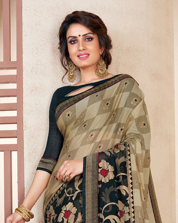 Vishal Prints Beige Brasso Saree With Foil Print And Jari Border