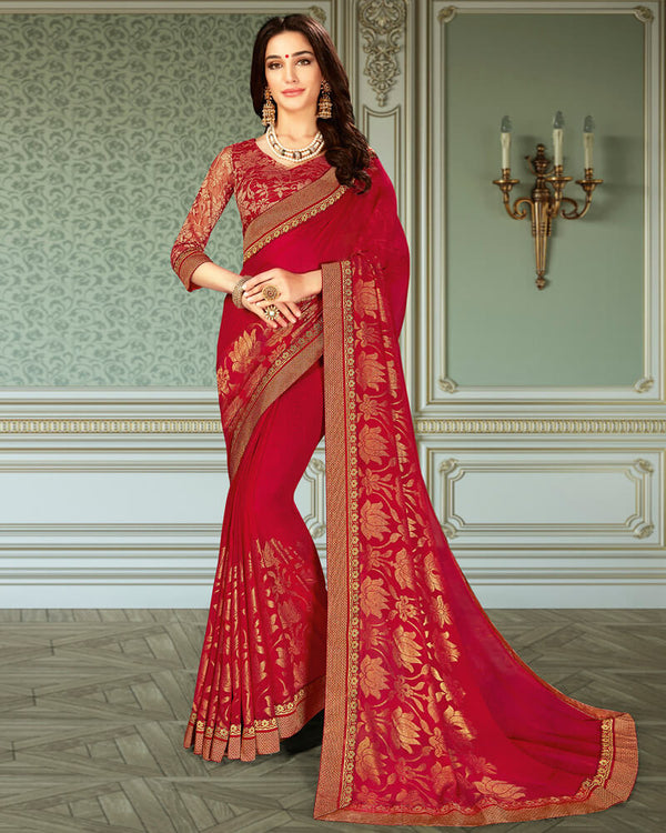 Vishal Prints Red Georgette Saree With Foil Print And Jari Border