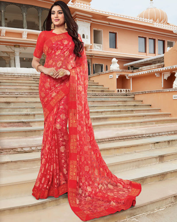 Vishal Prints Persian Red Brasso Saree With Foil Print And Jari Border