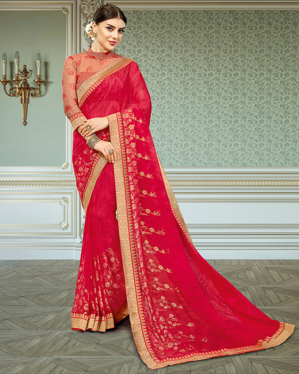 Vishal Prints Cherry Red Georgette Saree With Foil Print And Jari Border