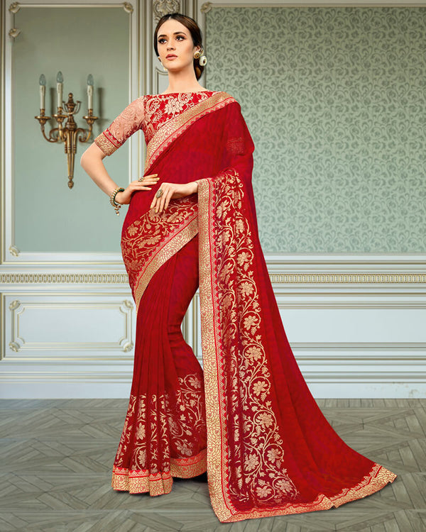 Vishal Prints Red Georgette Saree With Foil Print And Jari Border