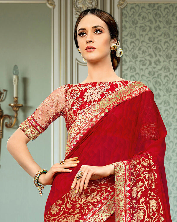 Vishal Prints Red Georgette Saree With Foil Print And Jari Border