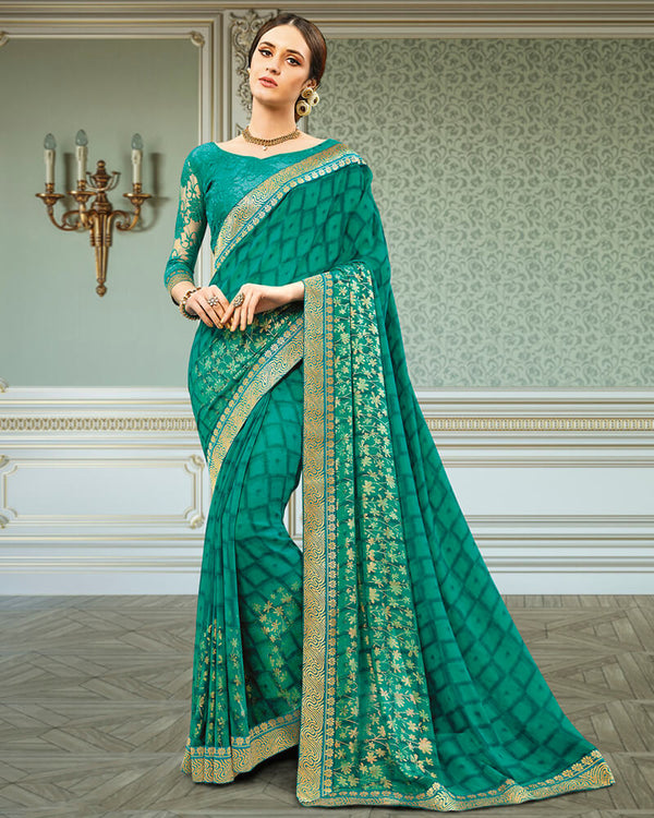 Vishal Prints Rama Green Georgette Saree With Foil Print And Jari Border