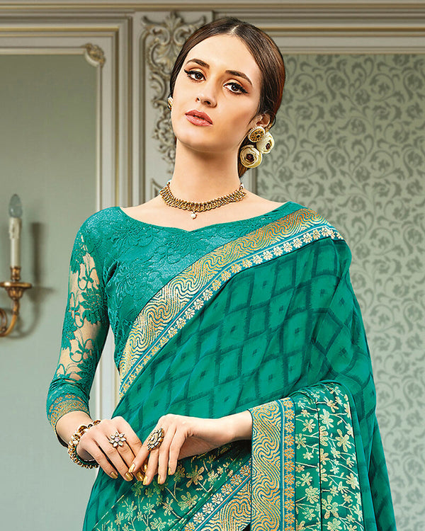 Vishal Prints Rama Green Georgette Saree With Foil Print And Jari Border