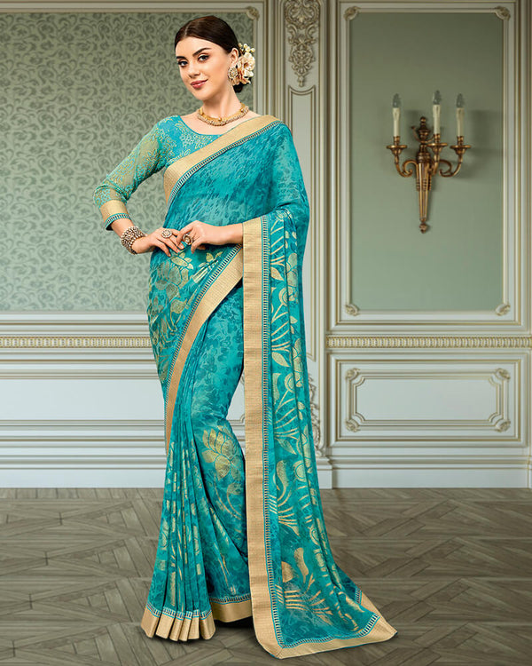 Vishal Prints Teal Blue Georgette Saree With Foil Print And Jari Border