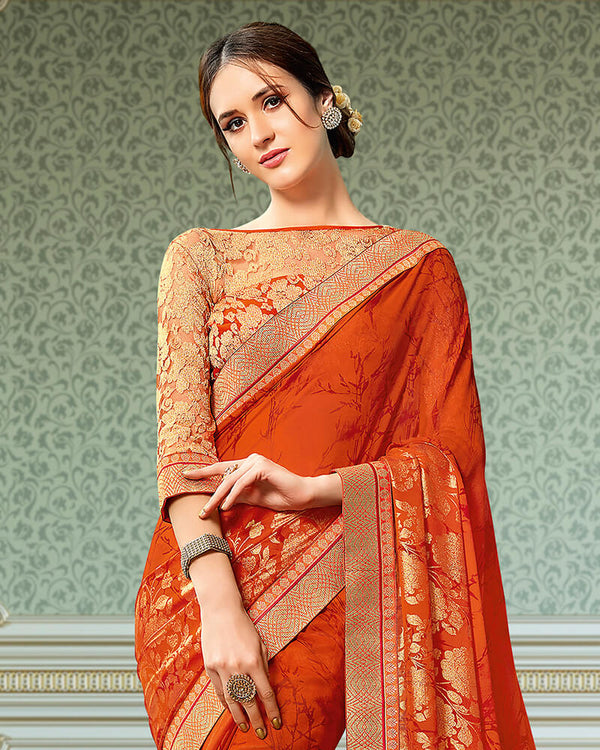 Vishal Prints Rusty Orange Georgette Saree With Foil Print And Jari Border