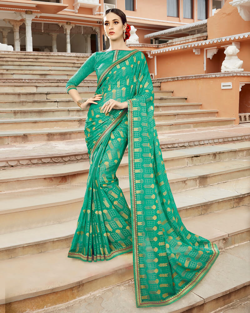 Vishal Prints Sea Green Brasso Saree With Foil Print And Jari Border