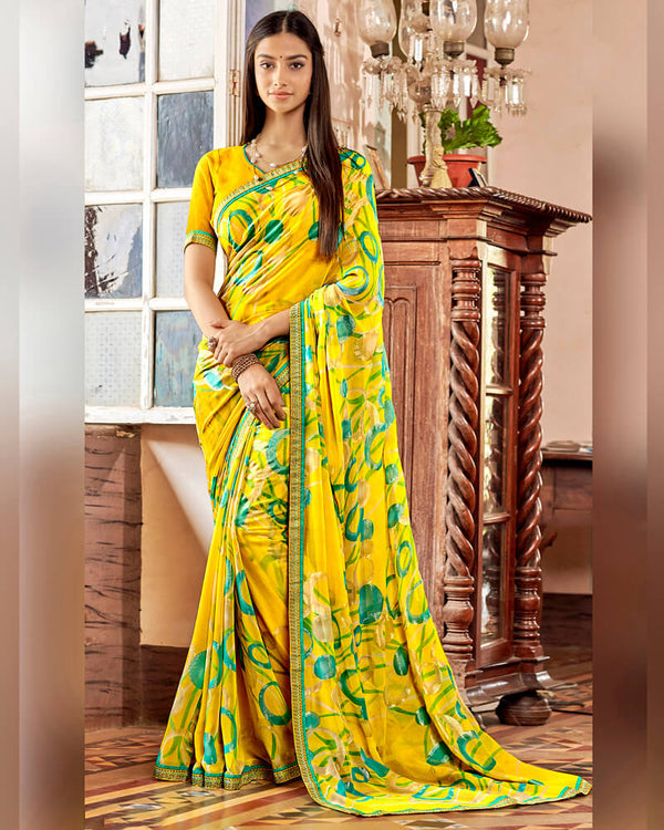 Vishal Prints Dark Yellow Printed Georgette Saree With With Jari Piping