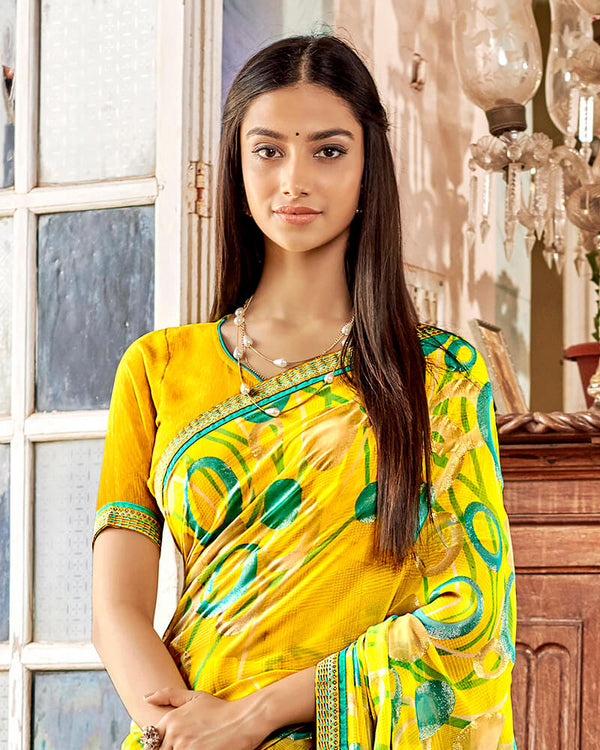 Vishal Prints Dark Yellow Printed Georgette Saree With With Jari Piping