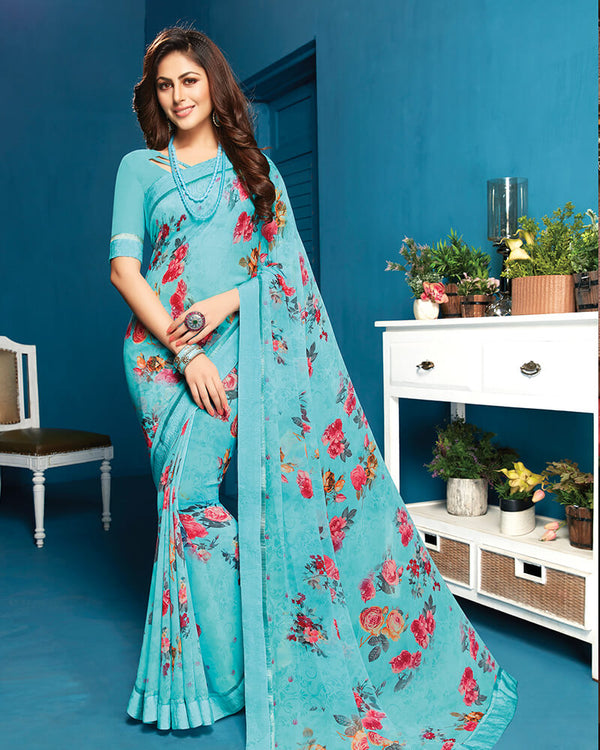 Vishal Prints Sky Blue Georgette Saree With Satin Border