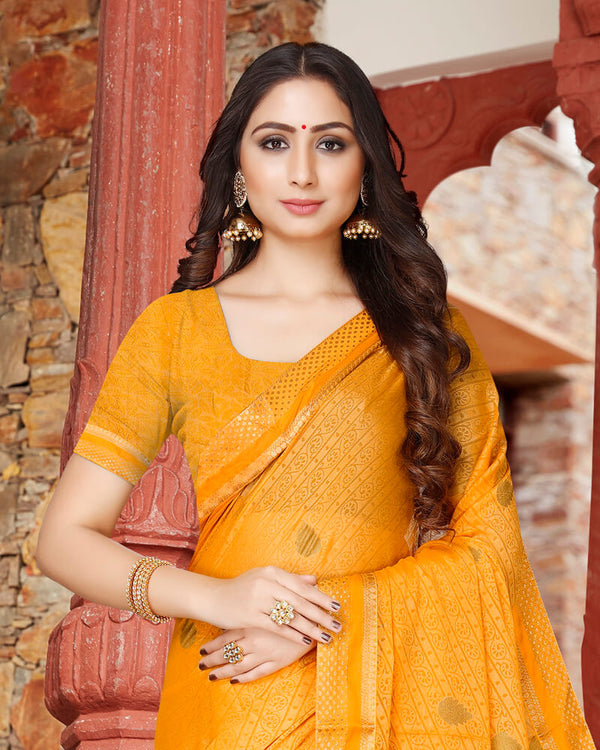 Vishal Prints Yellow Brasso Saree With Foil Print And Jari Border