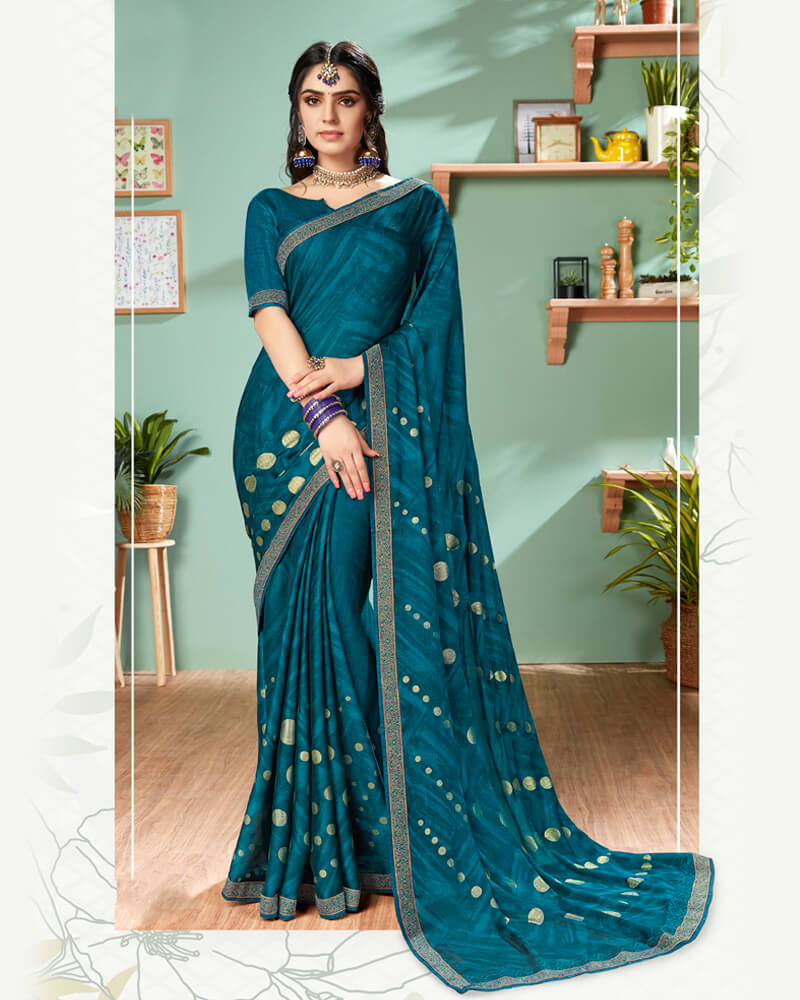 Vishal Prints Dark Teal Blue Chiffon Saree With Foil Print And Jari Border