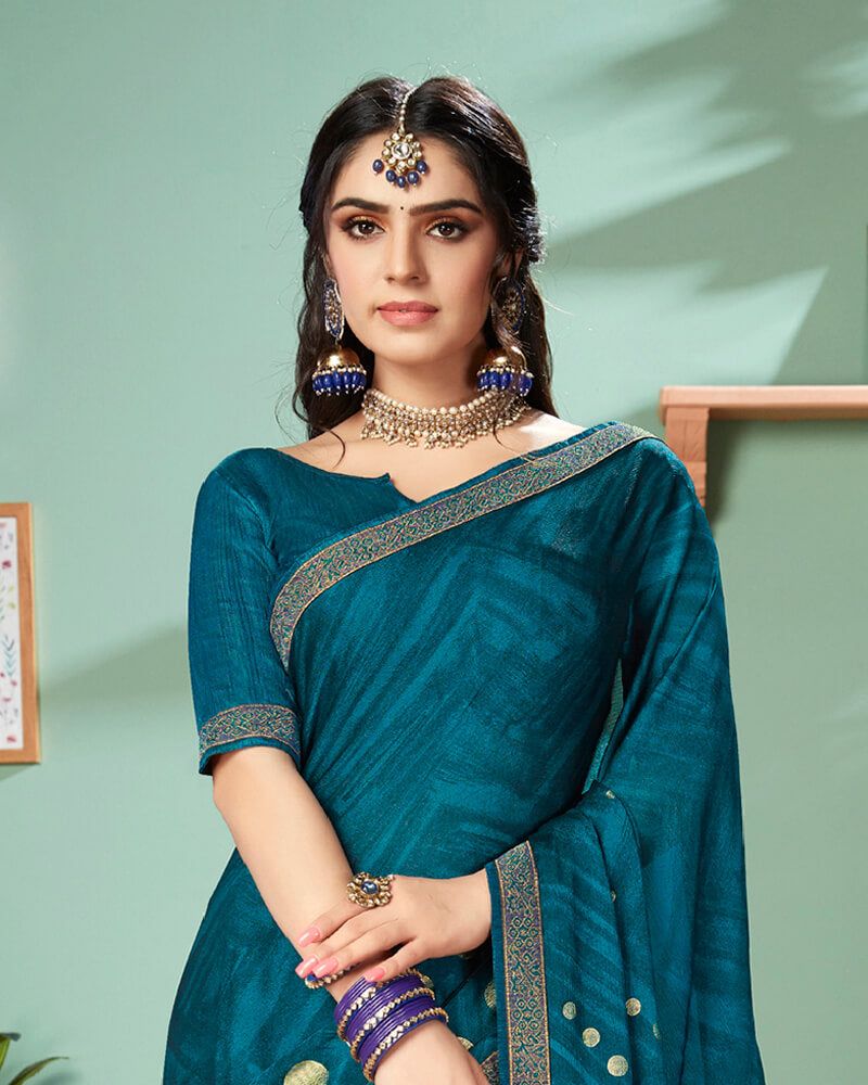 Vishal Prints Dark Teal Blue Chiffon Saree With Foil Print And Jari Border