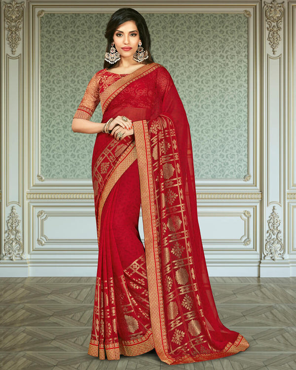 Vishal Prints Red Georgette Saree With Foil Print And Jari Border