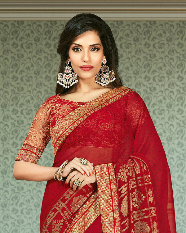 Vishal Prints Red Georgette Saree With Foil Print And Jari Border