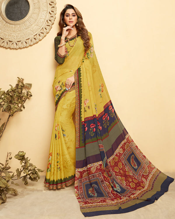 Vishal Prints Mustard Digital Print Crepe Saree