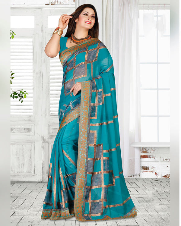 Vishal Prints Turquoise Blue Brasso Saree With Foil Print And Jari Border