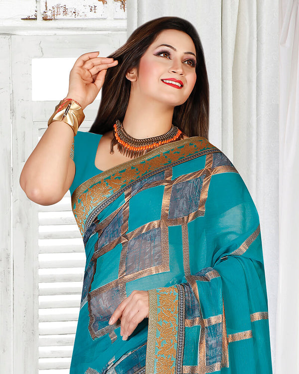 Vishal Prints Turquoise Blue Brasso Saree With Foil Print And Jari Border