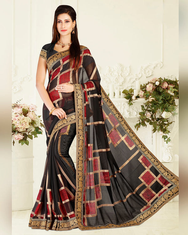 Vishal Prints Black Brasso Saree With Foil Print And Jari Border