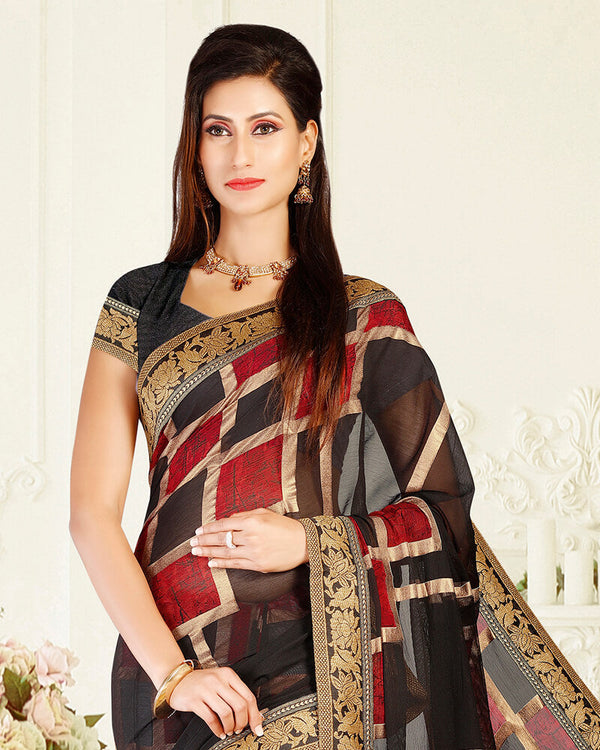 Vishal Prints Black Brasso Saree With Foil Print And Jari Border