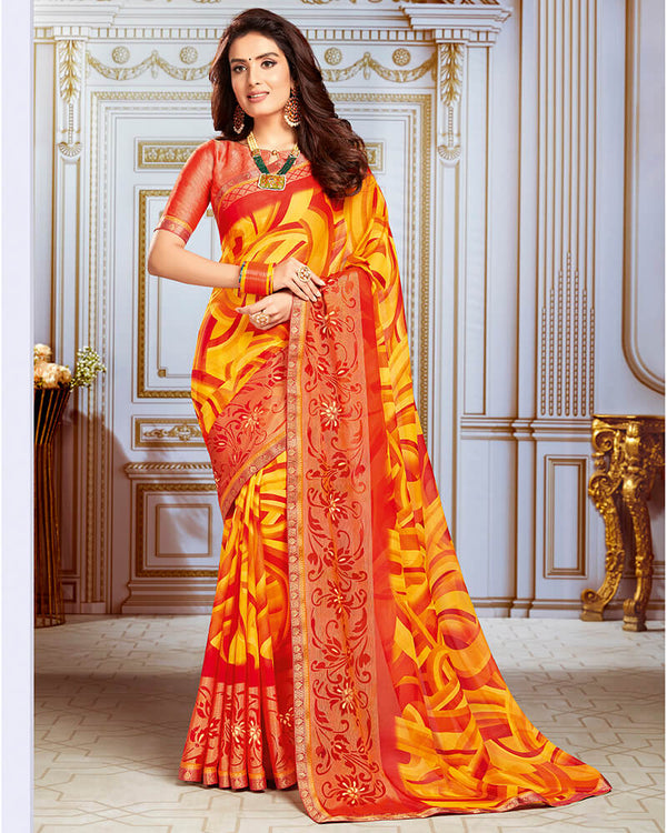 Vishal Prints Yellow And Orange Chiffon Saree With Weaving Work And Jari Border