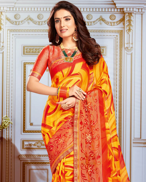 Vishal Prints Yellow And Orange Chiffon Saree With Weaving Work And Jari Border