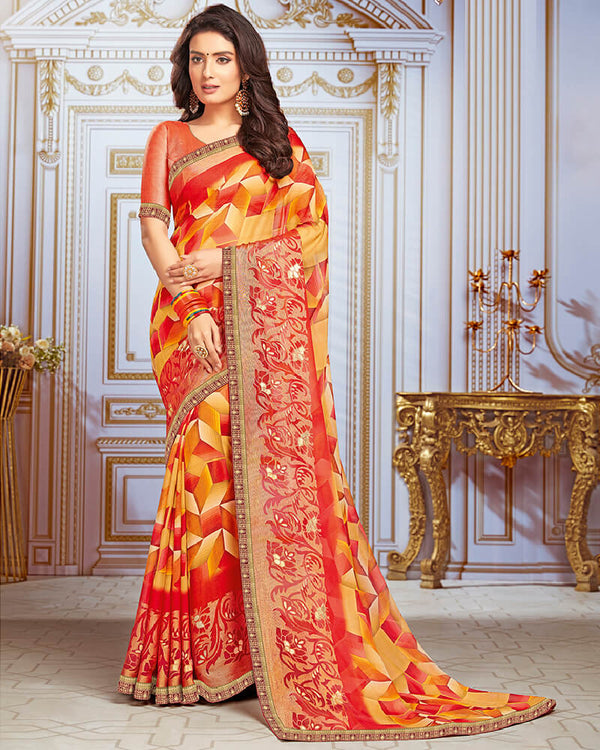 Vishal Prints Yellow And Orange Chiffon Saree With Weaving Work And Jari Border