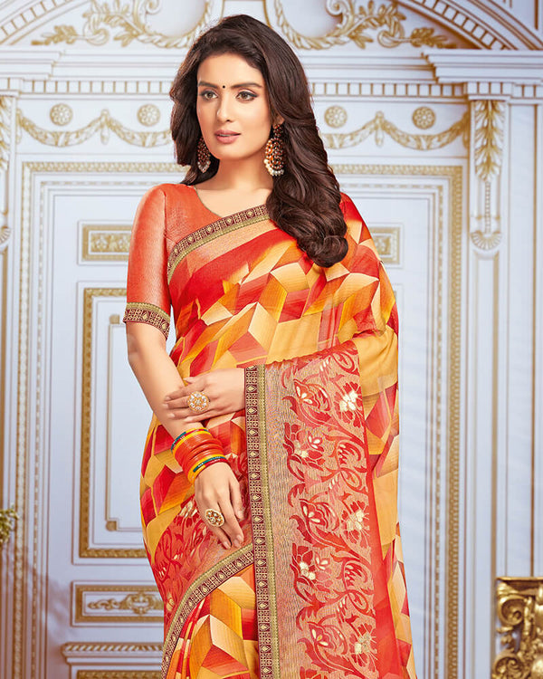 Vishal Prints Yellow And Orange Chiffon Saree With Weaving Work And Jari Border