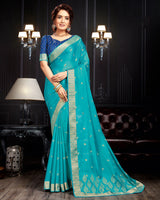 Vishal Prints Sea Green Chiffon Saree With Foil Print And Jari Border