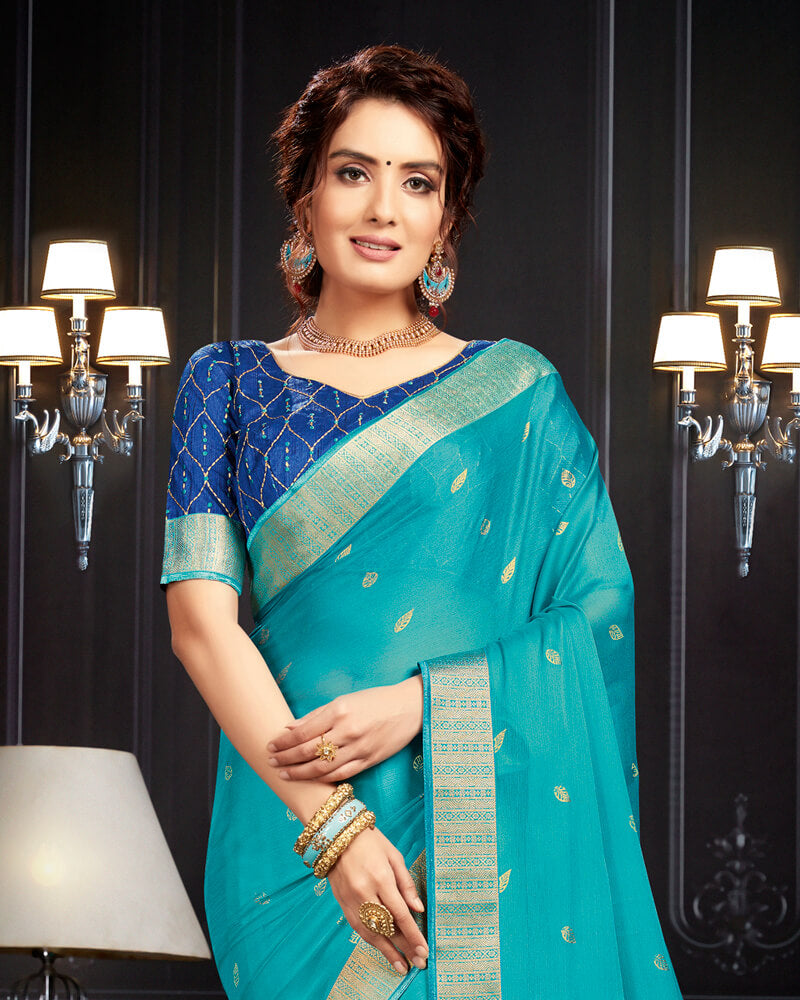 Vishal Prints Sea Green Chiffon Saree With Foil Print And Jari Border