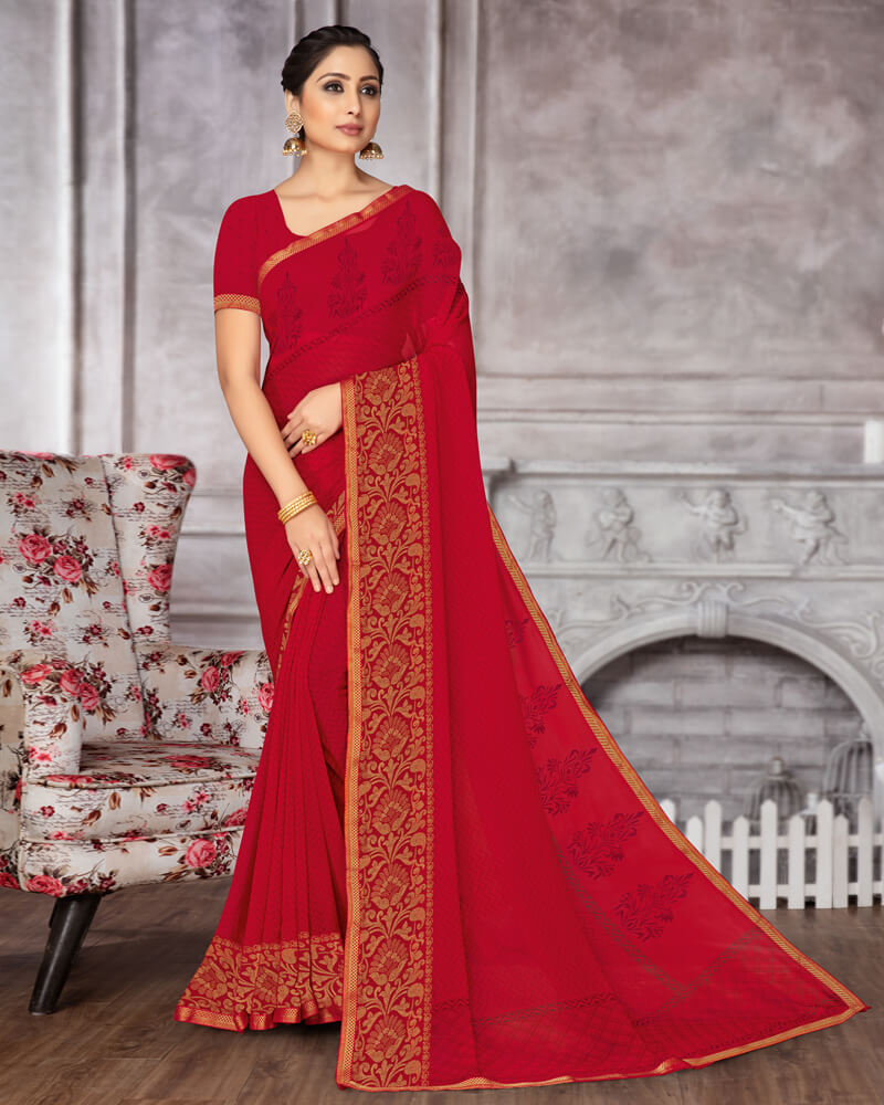 Vishal Prints Red Georgette Saree With Jari Border