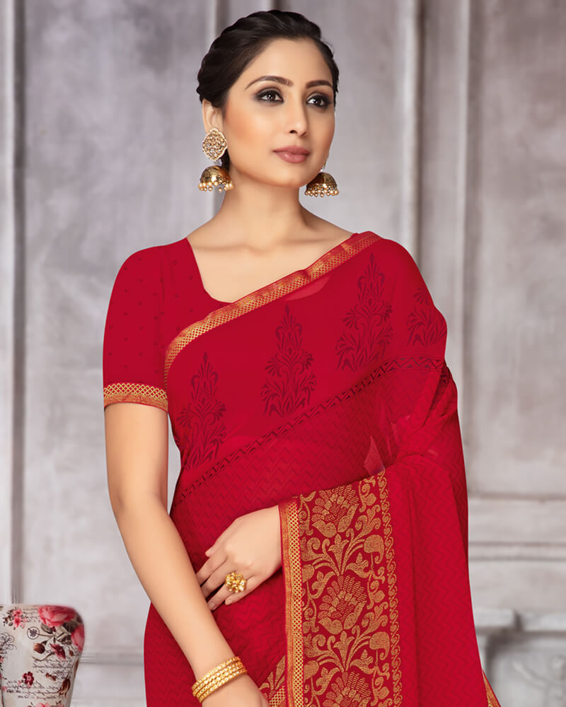 Vishal Prints Red Georgette Saree With Jari Border