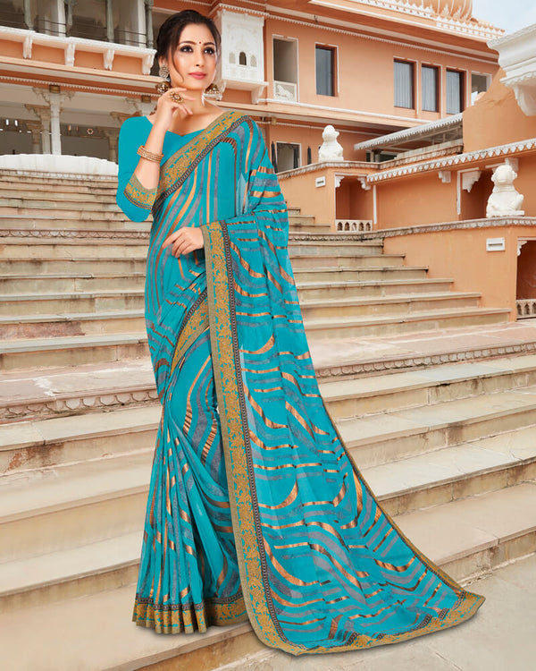 Vishal Prints Teal Blue Brasso Saree With Foil Print And Jari Border