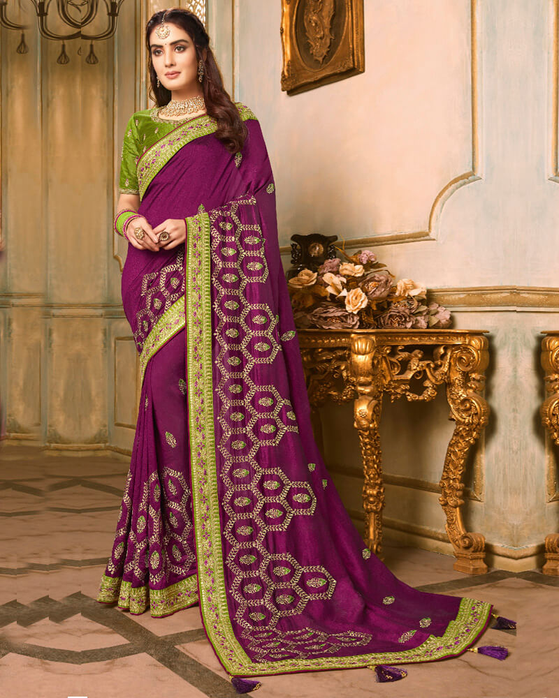 Vishal Prints Wine And Mehandi Green Silk Saree With Embroidery Work And Jari Border