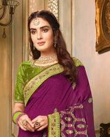 Vishal Prints Wine And Mehandi Green Silk Saree With Embroidery Work And Jari Border