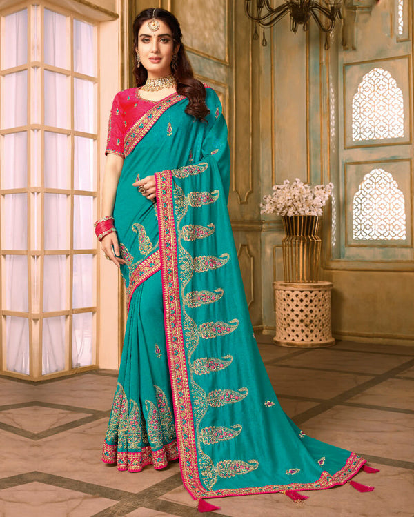 Vishal Prints Turq Blue And Pink Silk Saree With Embroidery Work And Jari Border