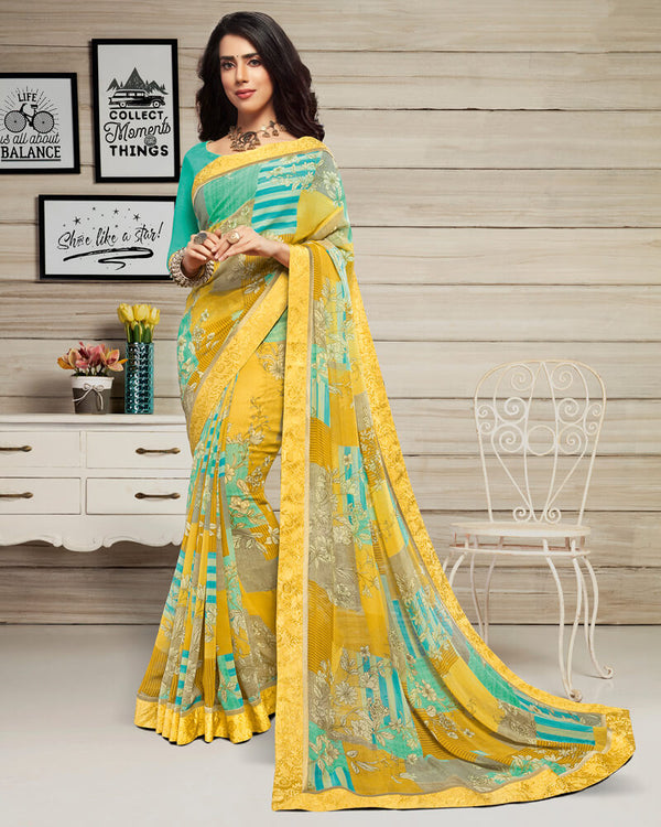 Vishal Prints Yellow And Rama Green Georgette Saree With Jari Border