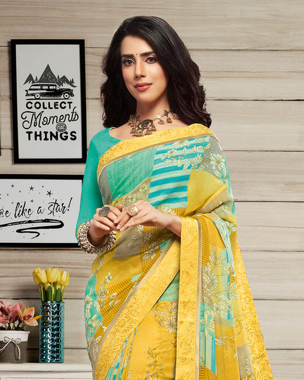 Vishal Prints Yellow And Rama Green Georgette Saree With Jari Border