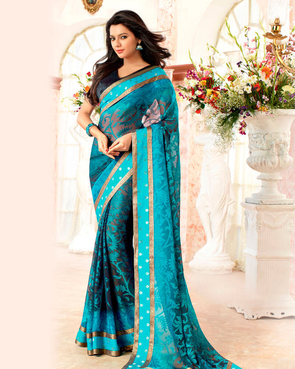 Vishal Prints Turquoise Blue Brasso Saree With Jari Border