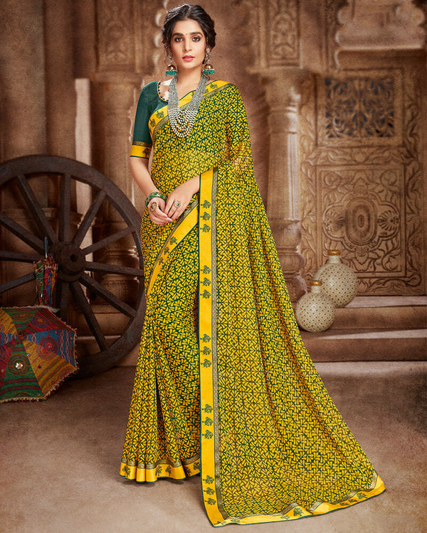 Vishal Prints Bottle Green And Yellow Georgette Saree With Jari Border