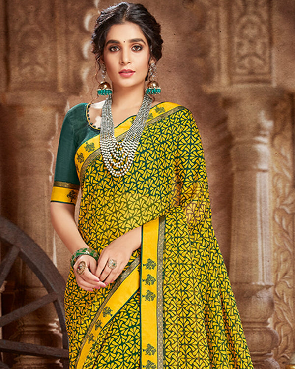 Vishal Prints Bottle Green And Yellow Georgette Saree With Jari Border