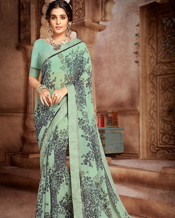 Vishal Prints Sea Green And Grey Georgette Saree With Satin Border