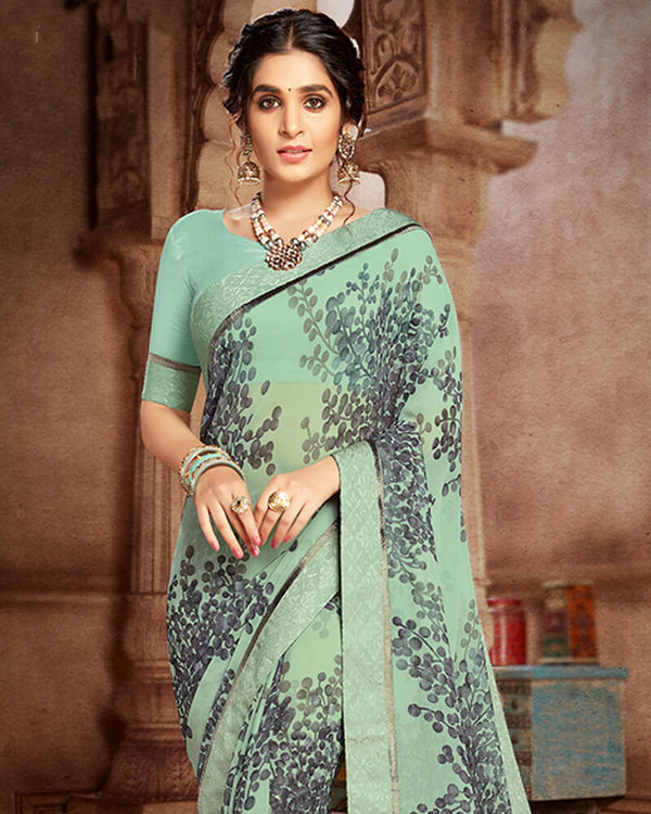 Vishal Prints Sea Green And Grey Georgette Saree With Satin Border