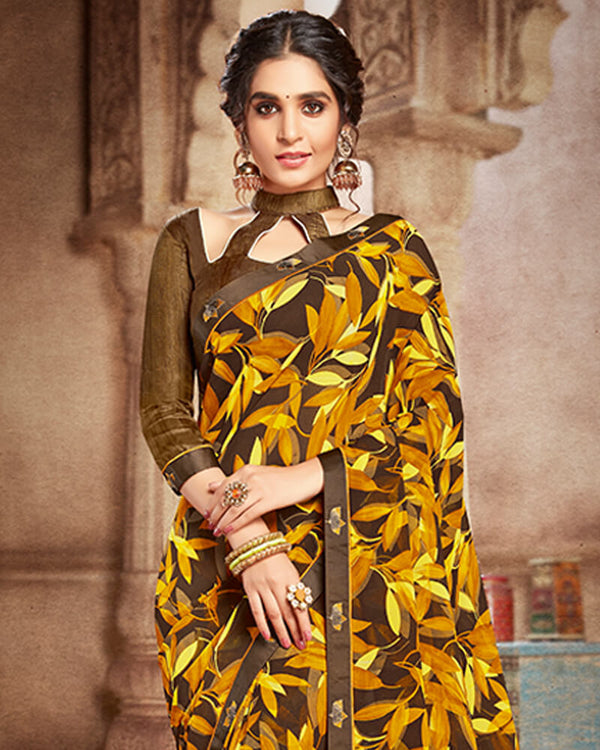 Vishal Prints Brown And Mustard Georgette Saree With Satin Border