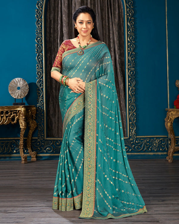 Vishal Prints Teal Blue Chiffon Saree With Foil Print And Jari Border